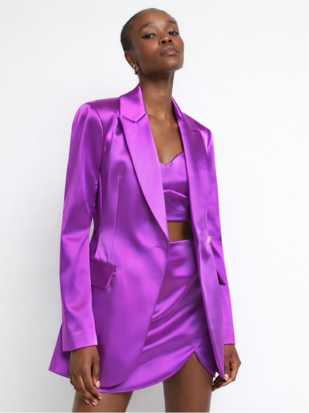 River Island Purple Satin Wrap Over Tailored Blazer Size 10-12 NWT